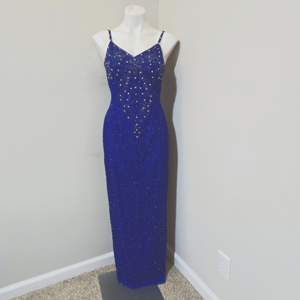 Sz 4 90s Vintage Stenay Royal Purple Beaded and Sequined Silk Column Gown Dress